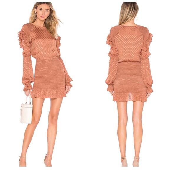 Tularosa Dress Edie Mini Smocked Ruffle Long Sleeve Satin Printed Rust Copper M - Picture 1 of 8